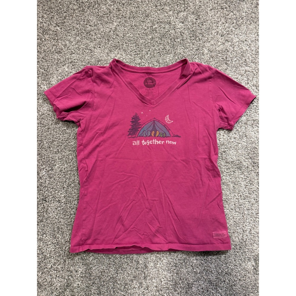 Life is Good T-Shirt Womens S Pink Crusher Tee All Together Now Camping V-Neck